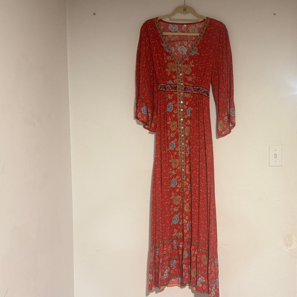 Bohemian Red Maxi Dress with Floral Accents